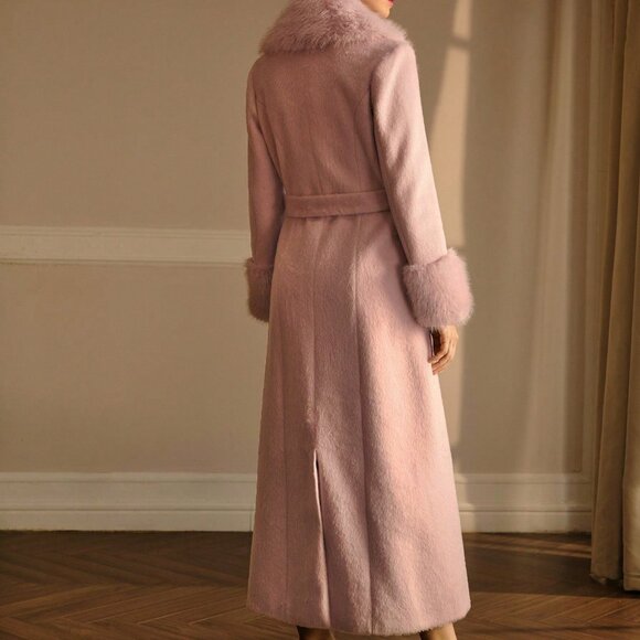 Pink Elegant Women's Contrast Fuzzy Trim Long Coat - Picture 2 of 8